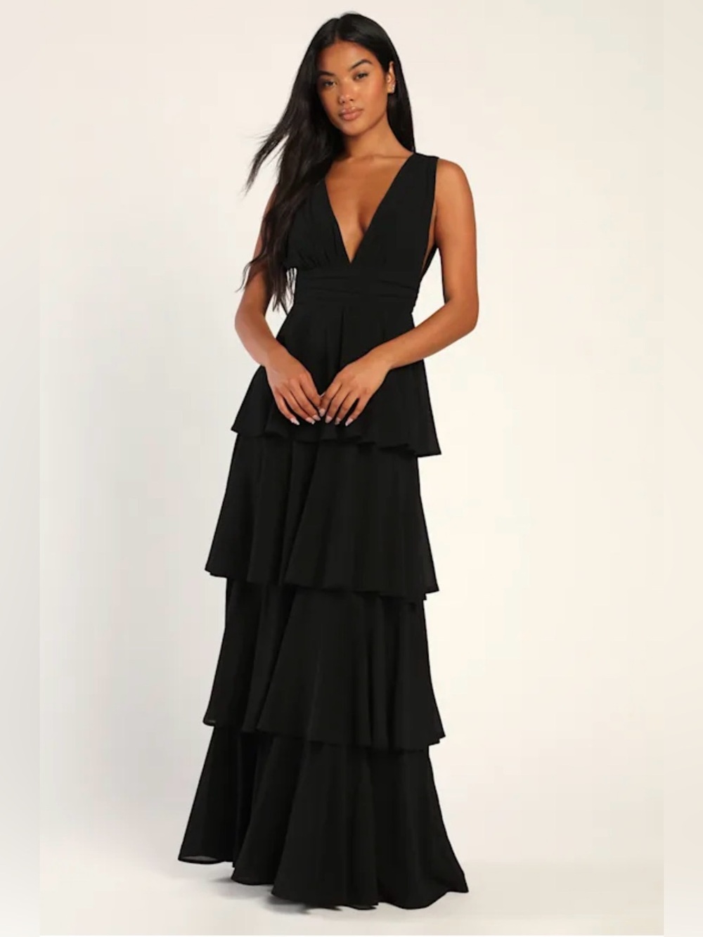 NWT Lulus Black Tiered V-Neck Evening Dress Size XS